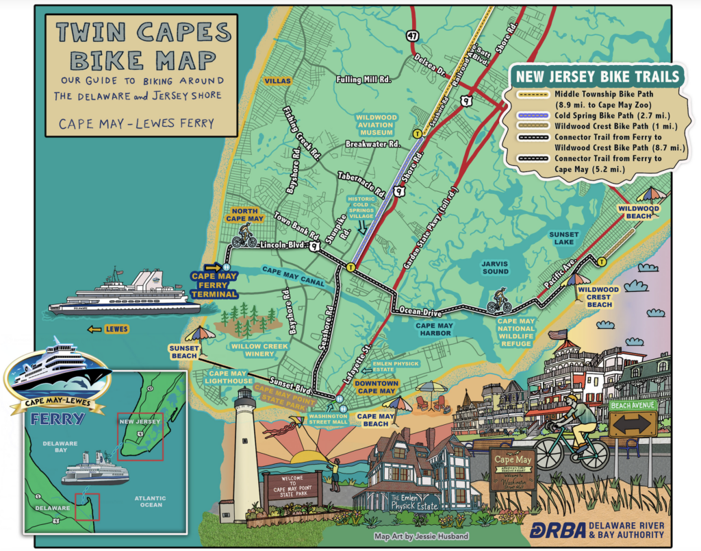 Illustrated Cape May bike trails map including the Middle Township Bike Path, Cape May Point State Park, Cape May National Wildlife Refuge, and ferry connector trails.