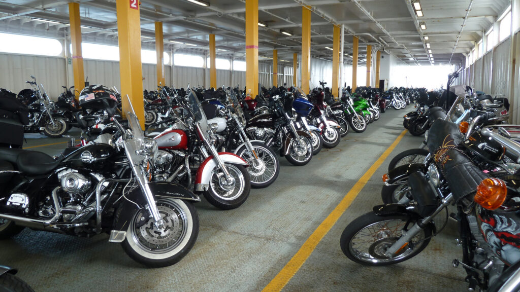 The Car Deck of the Ferry interior, and exterior is beautifully lined with Motorcycles on "Motorcycles Only" crossing on the Cape May - Lewes Ferry