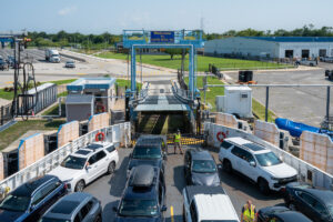 Vehicles load onto one of the Cape May - Lewes Ferry fleet in the dock in Cape May to begin a crossing of Delaware Bay to the Lewes Ferry Terminal.