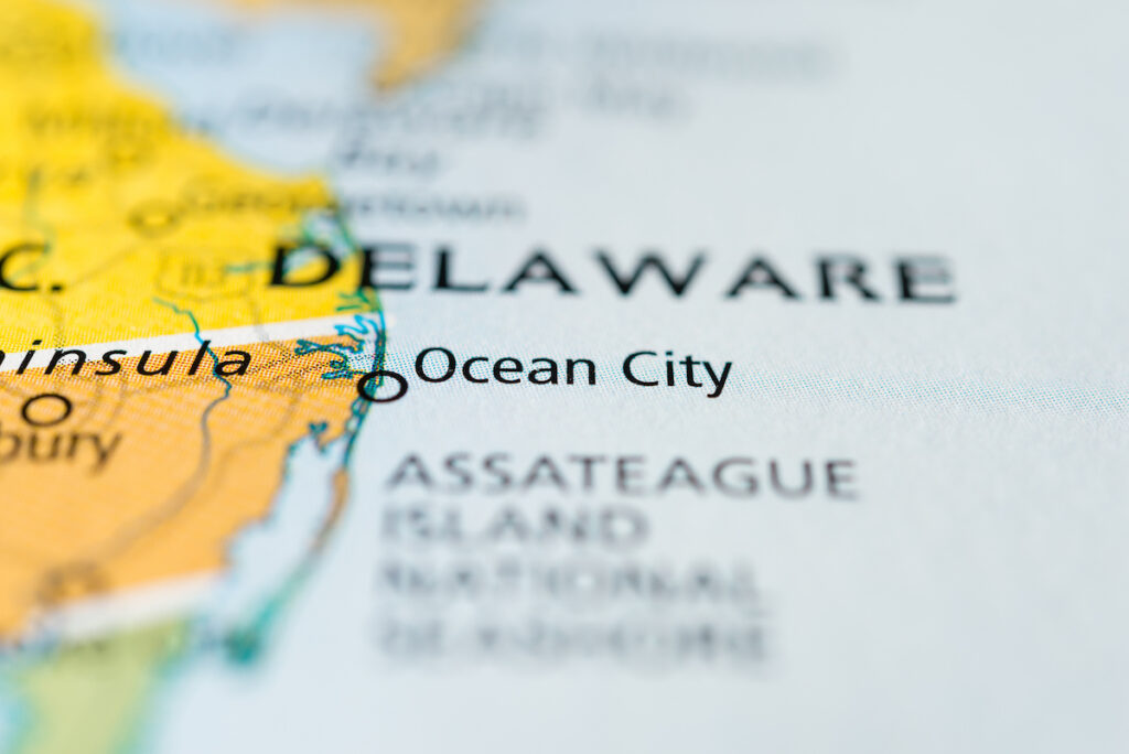 Ocean City Maryland is easily accessed from the Lewes Ferry Terminal in Delaware as shown in this map