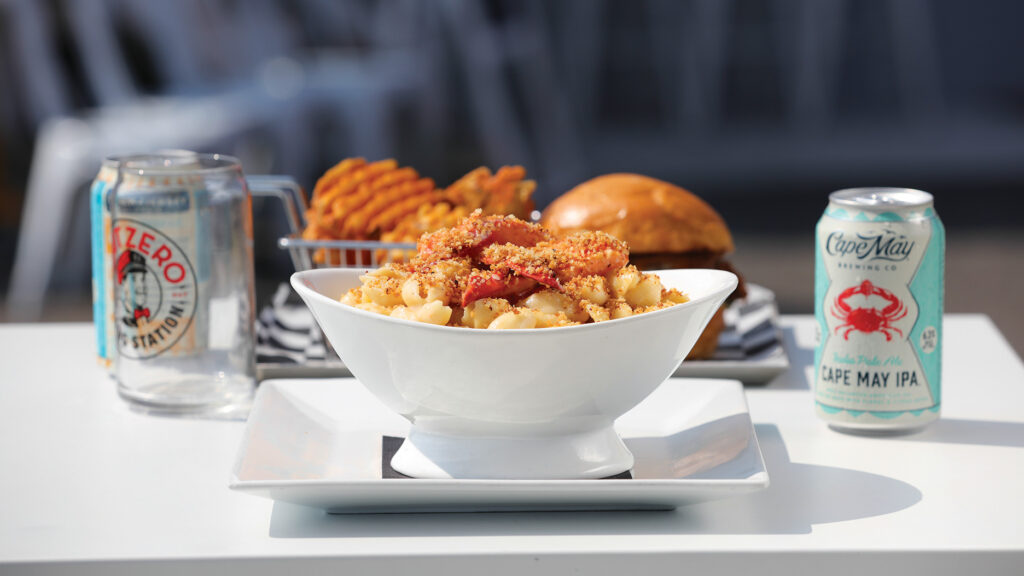 Lunch menu items on outdoor table accompanied by the popular Cape May Brewing Co. IPAs