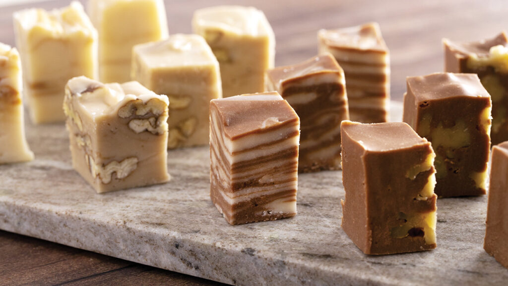 Cheesecake bites on a marble platter