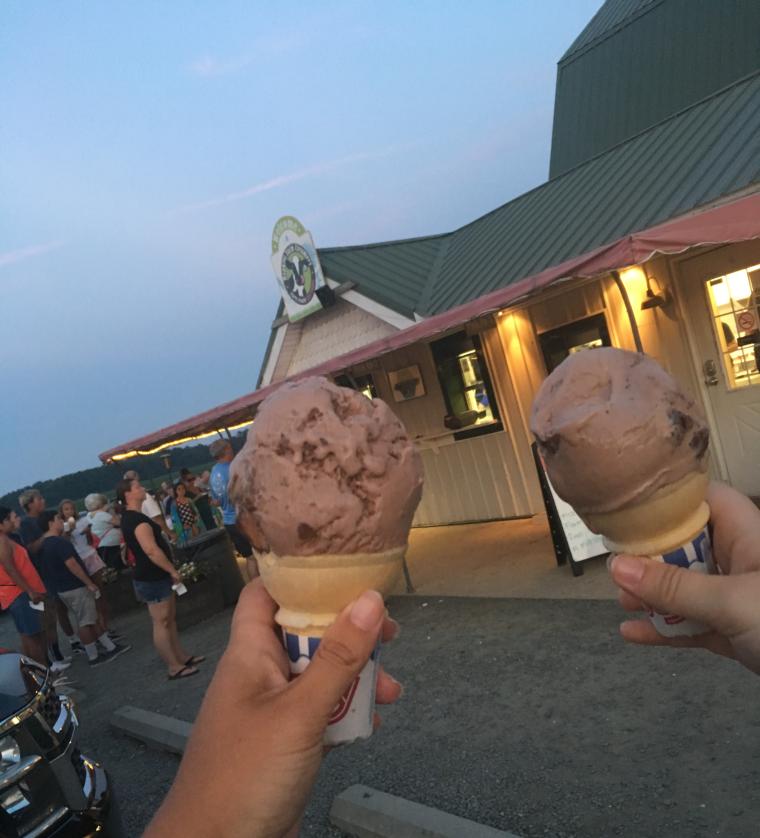 Two ice cream cones giving cheers