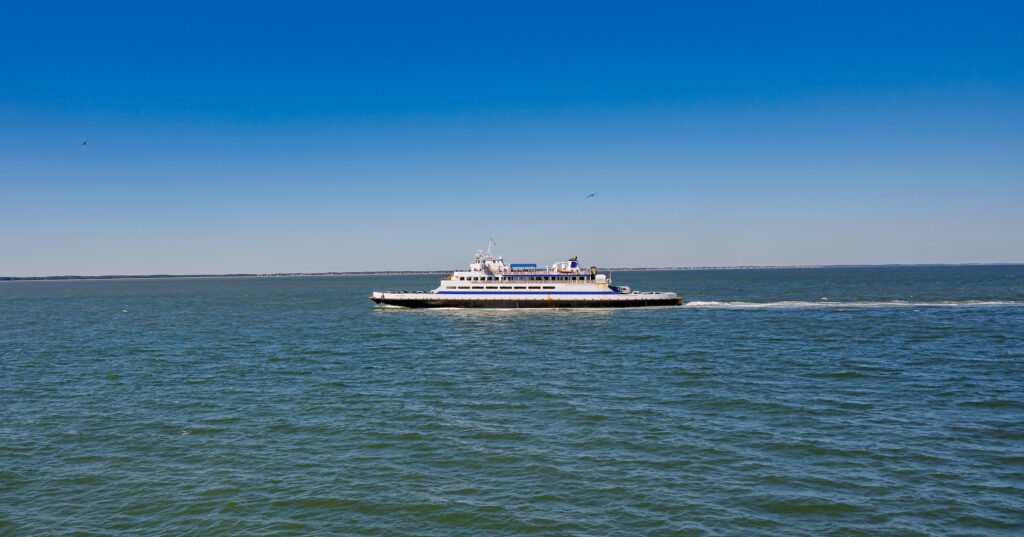 The Cape May - Lewes Ferry sails on Delaware Bay with a bird seen flying in the distance.