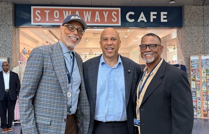 Joel Coppadge, Senator Cory Booker, and DRBA Commission Chairman Earl Ransome pose in the Cape May Ferry Terminal.