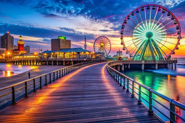 Scenic Views of Atlantic City Boardwalk Featuring Vibrant Lights and Beautiful Ocean Backgrounds